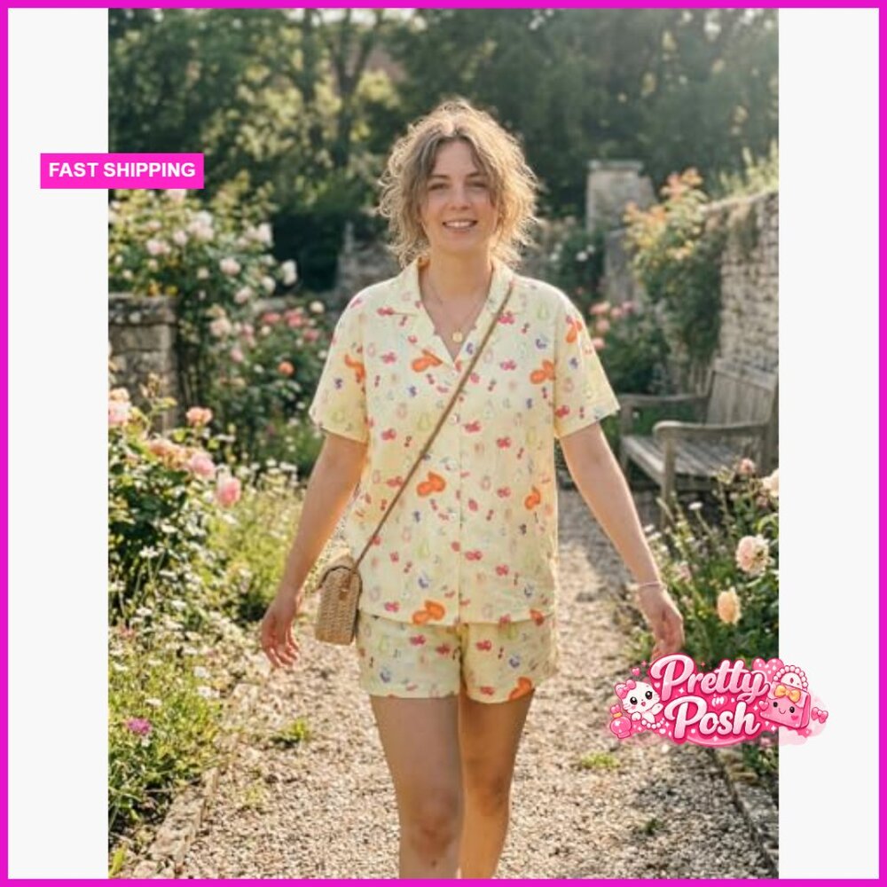 Polyester Elastane V-Neck Button Up Pajama Set Sl… - image 5